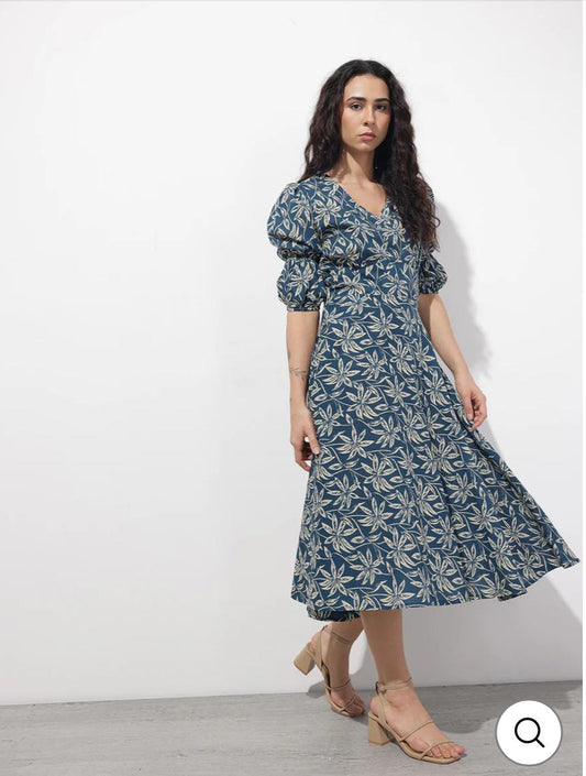 INDICASA Blue V-Neck Midi Cotton Dress