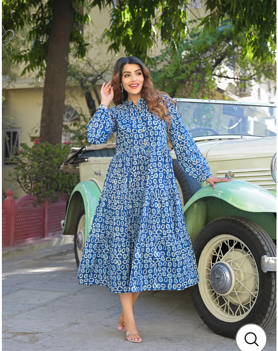 INDICASA Indigo Print Cotton Fabric Fit Flared Dress
