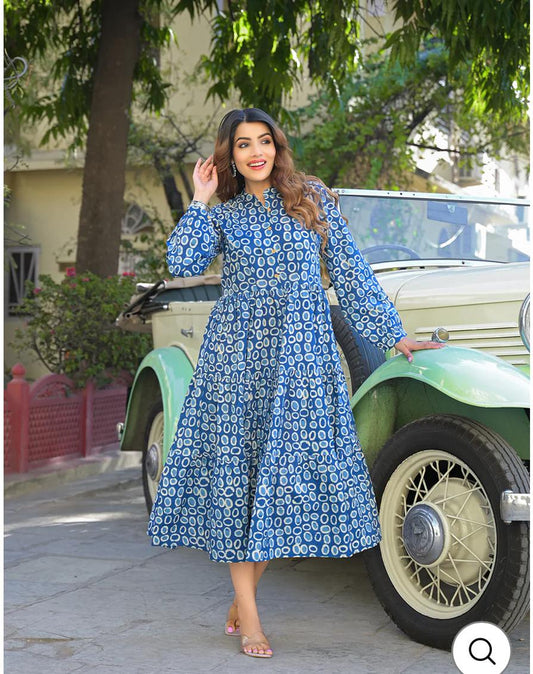 INDICASA Indigo Print Cotton Fabric Fit Flared Dress