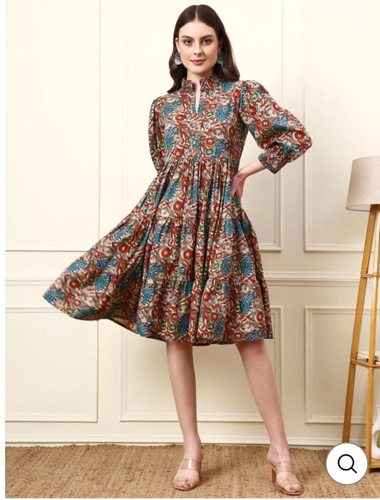 INDICASA Multi Color Boat Neck Cotton Dress