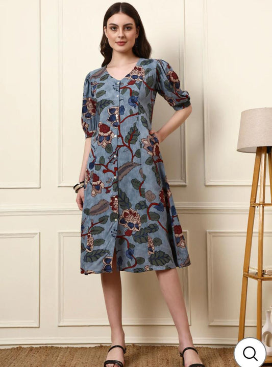 INDICASA Sky Blue V-Neck Rayon Dress