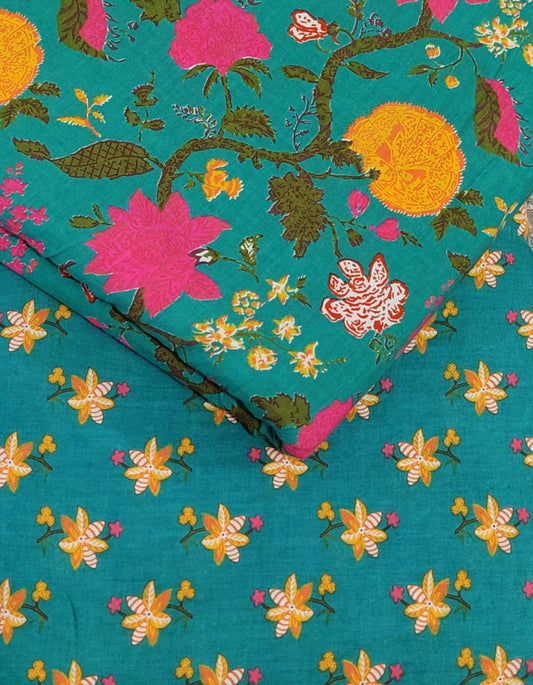 INDICASA Pure Cotton Unstitched Top and Bottom Set in Green Color