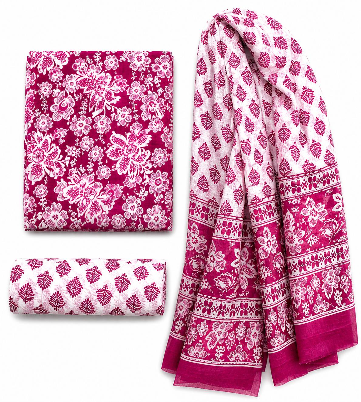 INDICASA Traditional Floral Printed Cotton Suit With Cotton Dupatta (Pink)