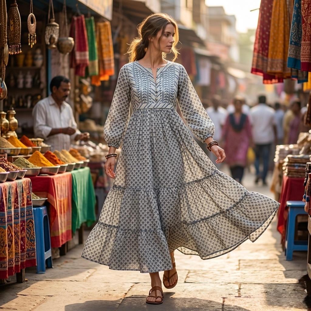 INDICASA White Printed Cotton Dress for Women