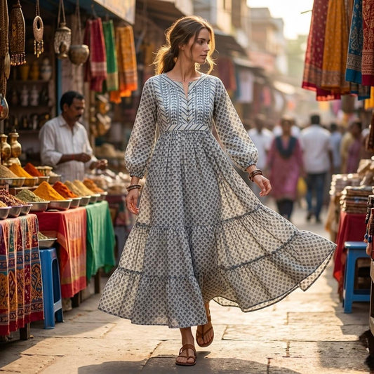 INDICASA White Printed Cotton Dress for Women
