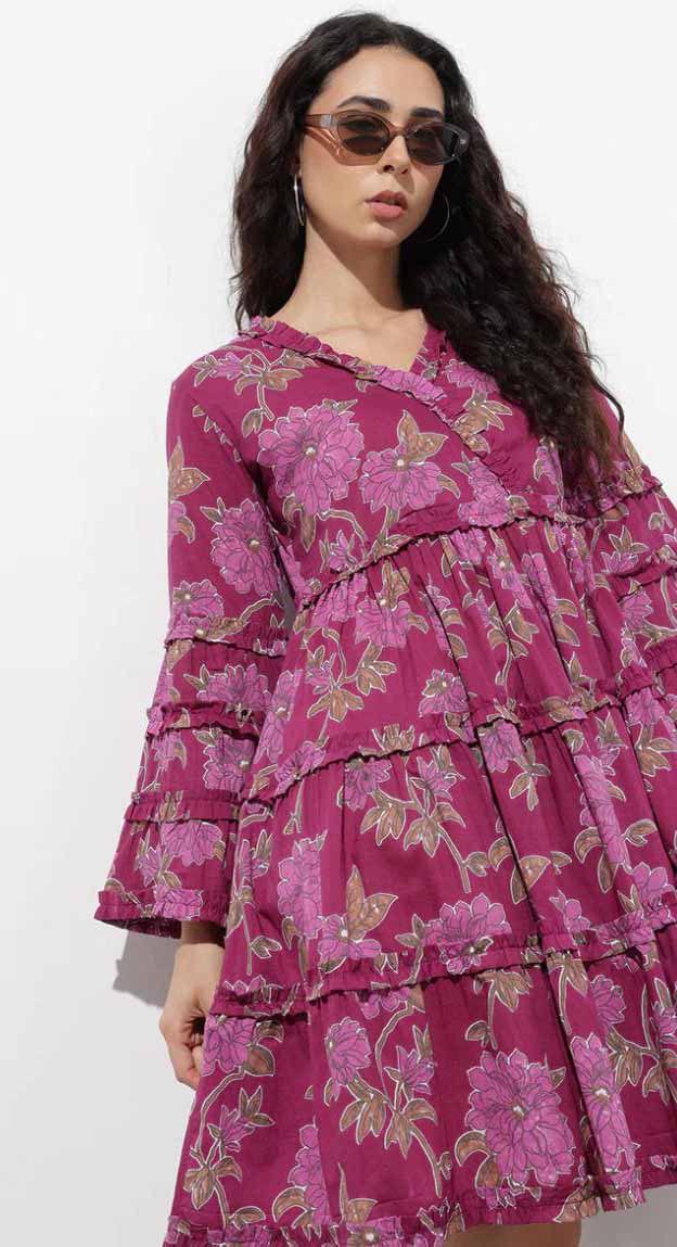 INDICASA Purple V-Neck Midi Cotton Dress