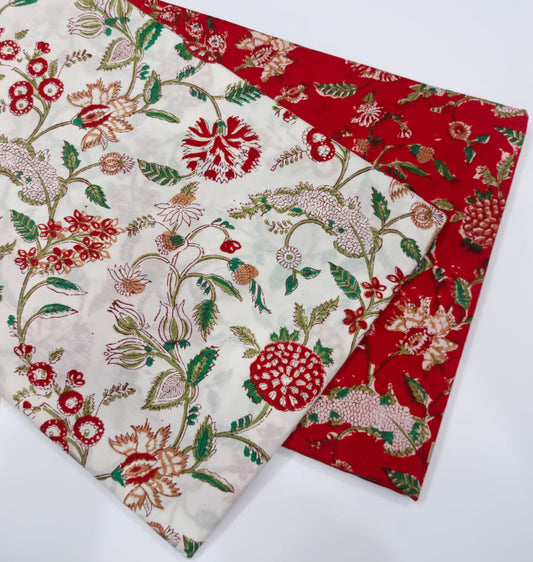 INDICASA Pure Cotton Unstitched Top and Bottom Set in Red and White Color