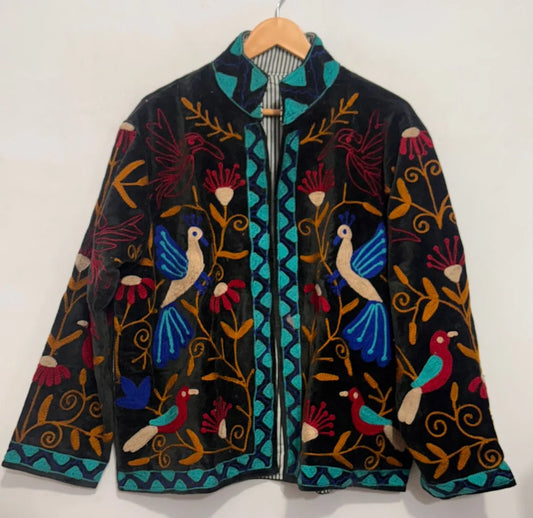 Handcrafted Velvet Embroidered Jacket, Brown with Floral and Bird Designs, Traditional Ethnic Style